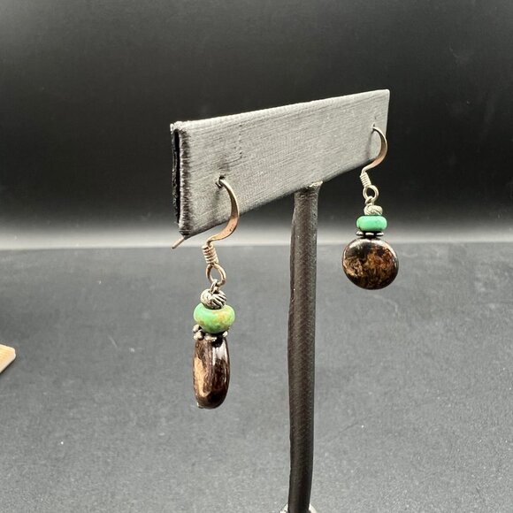 Brown Stone Dangle Pierced Earrings Green Stone Accent Silver Tone Drop - Picture 3 of 8